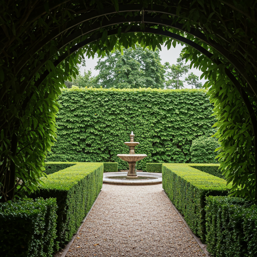 Lush green garden with a classical fountain and manicured hedges