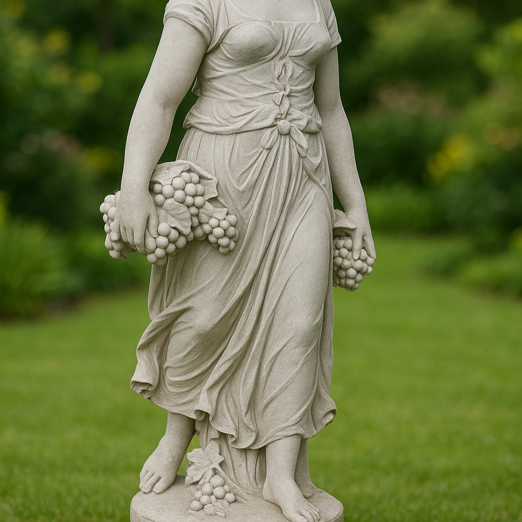 Detailed stone statue of a figure holding a garland in a garden setting