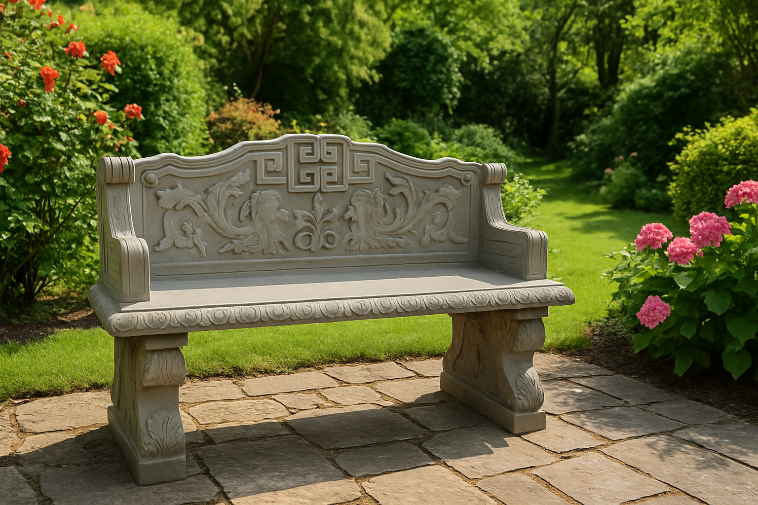 Stone garden table and benches