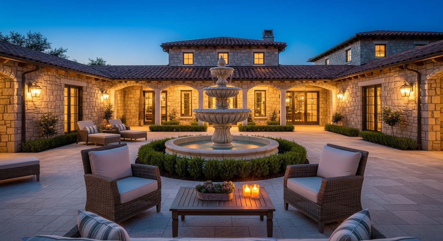 Beautiful mediterranean garden with fountain and olive trees